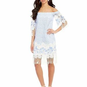 Anthropologie Eva Franco Blue Off Shoulder Fringe Boho Dress Contemporary